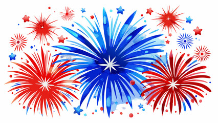 Watercolor illustration of a red and blue fireworks display on white background, clip art