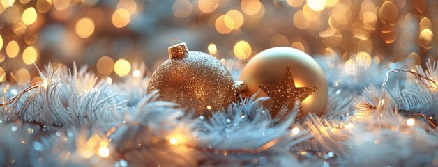 Closeup of Gold and White Christmas Ornaments With Star on White Feathers