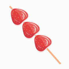 Strawberry tanghulu. Sugar coat street food, Asian viral dessert. Vector isolated on white background