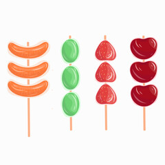 Tanghulu set. Sugar coat street food, Asian viral dessert. Strawberry, grape, tangerine, cherry. Vector isolated on white background