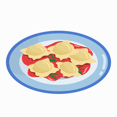 Ravioli on plate with tomato sauce and basil leaves. Italian dish cuisine, pasta meal. Vector simple design. 