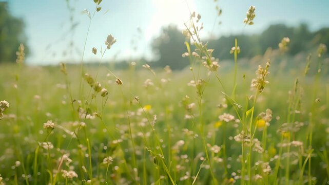 A grassland in the middle of summer buzzing with the sounds of crickets and insects. In the distance a of solar panels provide a source of renewable energy.
