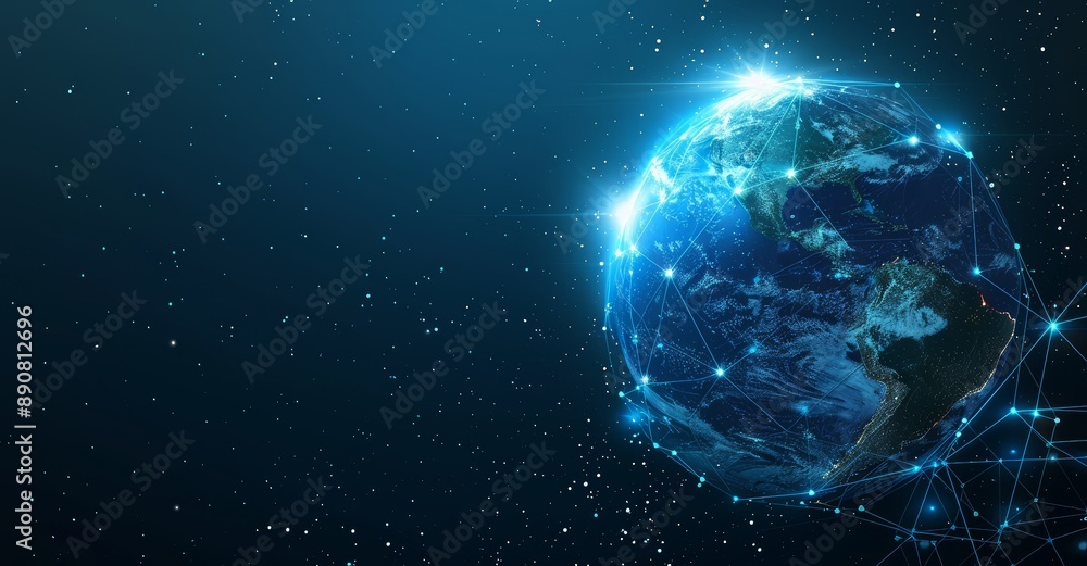 Poster world globe with connected dots symbolizing global connection, communication and network. planet ear