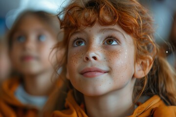Obraz premium Young Girl With Red Hair Looking Up In Thoughtful Expression