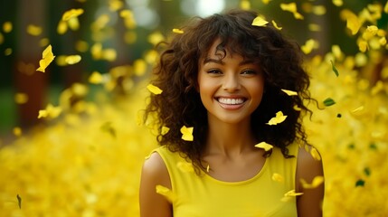 Fototapeta premium Black businesswoman celebrates career advancement with confetti party after winning job promotion