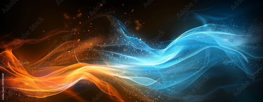 Wall mural abstract background with smooth wavy lines in blue, orange and golden colors, modern wallpaper patte