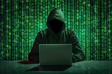 Hacker with black hoodie sitting behind open laptop against neon splashes dark background	
