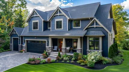 Modern Blue House with Lush Garden in Suburban Setting