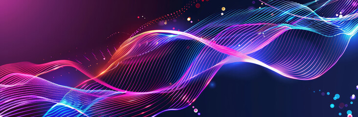 Abstract, elegant blue and purple waves on dark background with empty space for text. Modern technology and data flow concept. Beautiful wallpaper background pattern.