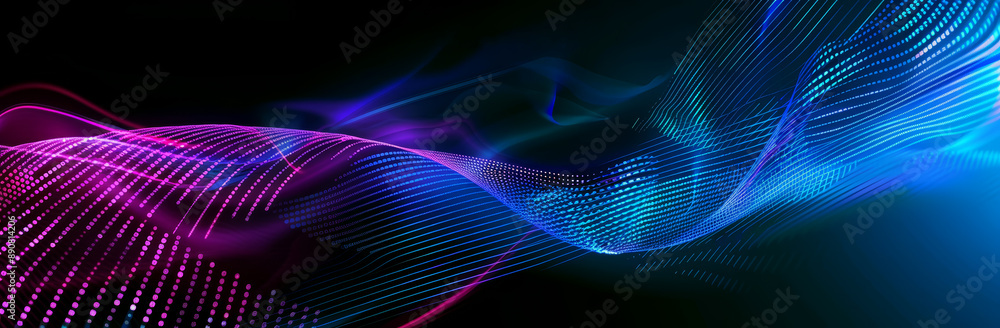Poster abstract, elegant blue and purple waves on dark background with empty space for text. modern technol
