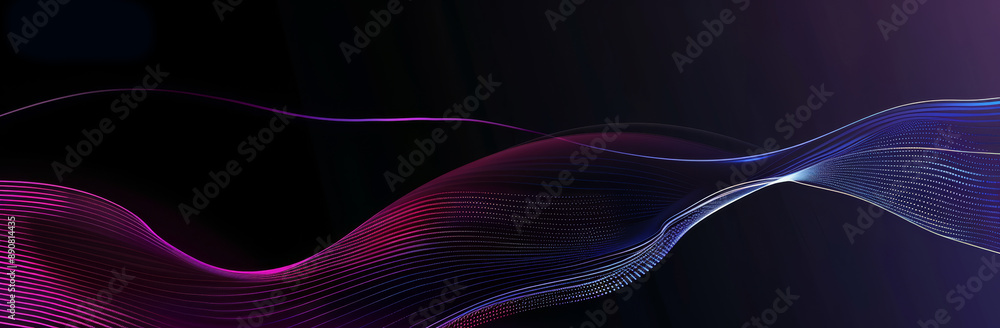 Poster abstract, elegant blue and purple waves on dark background with empty space for text. modern technol
