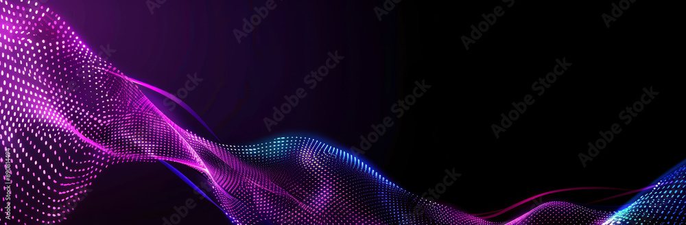 Poster abstract, elegant blue and purple waves on dark background with empty space for text. modern technol