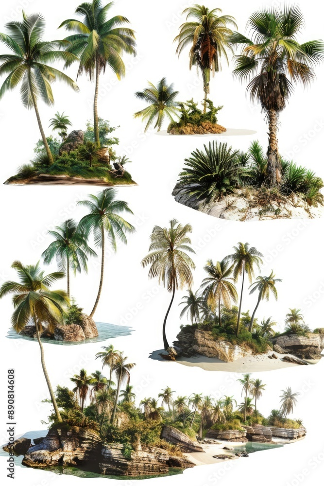 Poster A group of palm trees standing tall on a small tropical island, perfect for use in travel or beach-themed projects