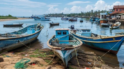 Obraz premium Beruwala, Sri Lanka - 10 February, 2017: Fishing boats stand in Beruwala Harbour, fish market in Bentota or Aluthgama area 