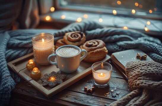 Cozy Winter Scene With Cinnamon Rolls, Candles, and Pine - Powered by Adobe