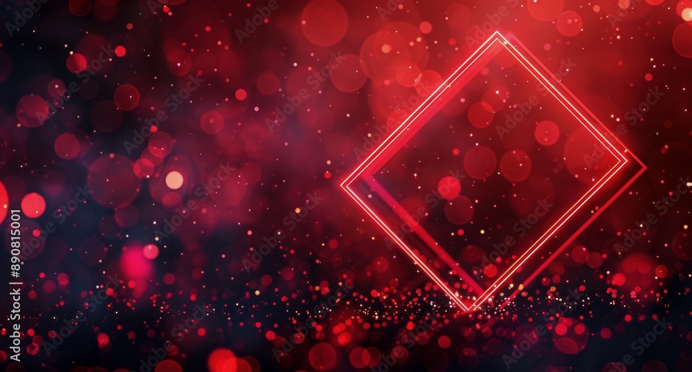 Poster red neon frame with bokeh lights background