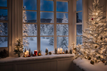 Snowy Winter Wonderland Window View, Cozy window decorated with snowflakes overlooking a serene winter landscape at sunset