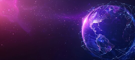 Obraz premium World globe with connected dots symbolizing global connection, communication and network. Planet Earth on dark background with empty space for text. Modern technology and internet concept.