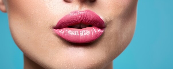 Fototapeta premium Close-up of glossy pink lips on a vibrant blue background. Free copy space for text.