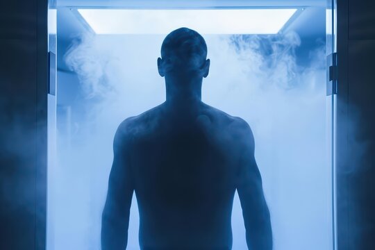 Cryotherapy for muscle relief applied by experts in an ultramodern, supernatural scene, with copy space