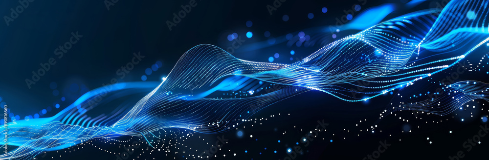 Wall mural abstract, elegant blue waves on dark background with empty space for text. modern technology and dat