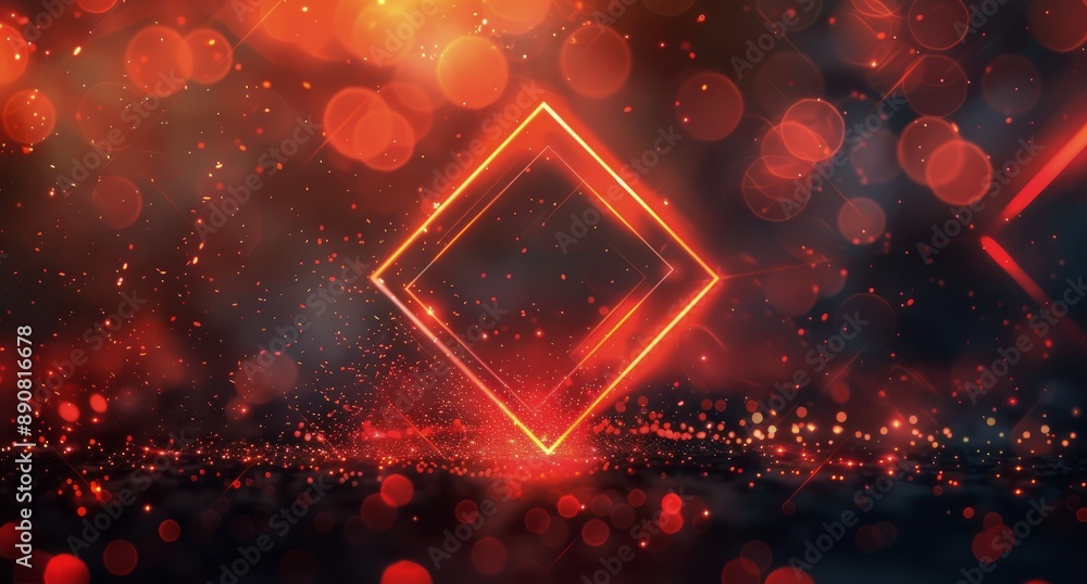 Poster red neon frame with bokeh lights background