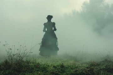 A person in a long dress stands in a foggy atmosphere, with misty surroundings