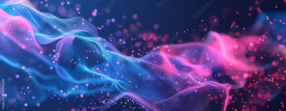Wall mural abstract, elegant blue and purple waves on dark background with empty space for text. modern technol