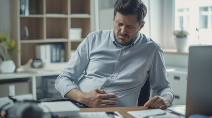 Obraz premium Man holding his stomach in discomfort while sitting in office 