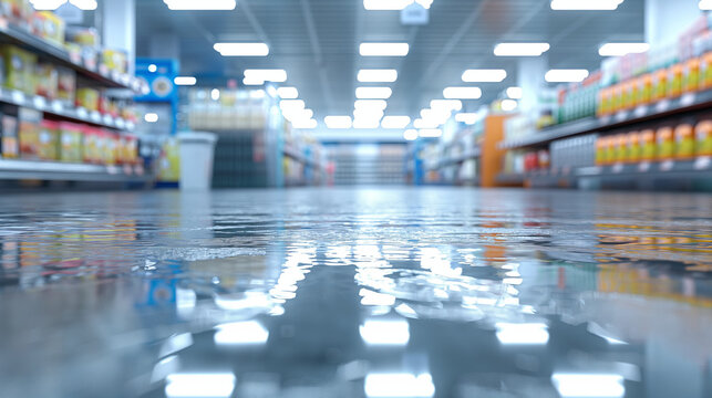 Reflective wet floor in grocery store aisle

