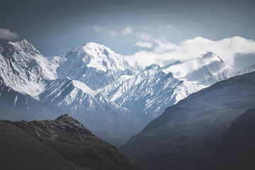 Panorama of Tien Shan mountain range with snow and glaciers, mountain range landscape for background