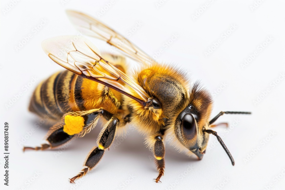 Poster A close-up shot of a single bee sitting on a white surface, with some texture or pattern visible in the background