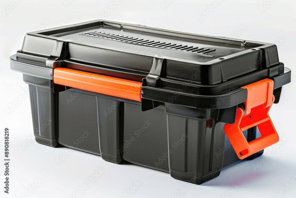 Aufkleber a tool box with black and orange color scheme on a white background, suitable for photography or des
