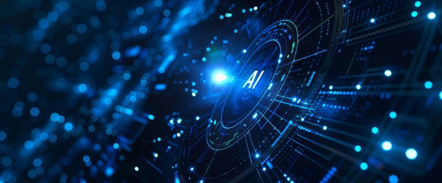 AI technology on black background. Futuristic, dark artificial intelligence concept with text "AI", blue glowing hologram and empty space. 