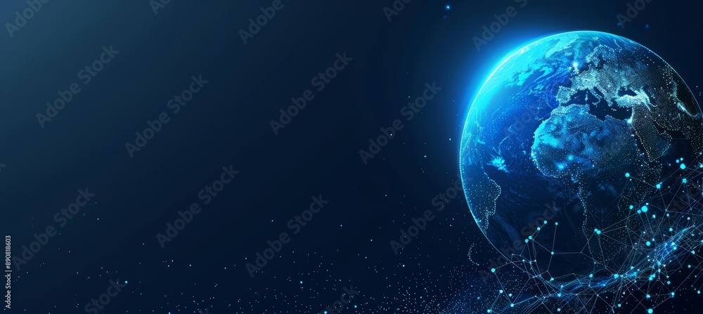 Wall mural world globe with connected dots symbolizing global connection, communication and network. planet ear