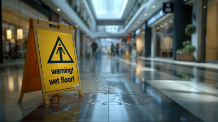 Wet floor warning sign in shopping mall
