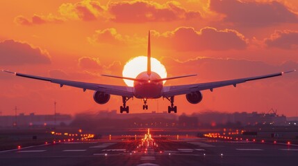 Airplane Landing at Sunset