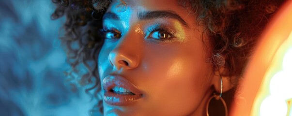 Obraz premium Close up portrait of a woman with curly hair looking to the side.