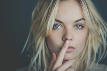 Naklejka premium Shush Hand. Blonde Woman Silencing with Gesture in Quiet Gesture