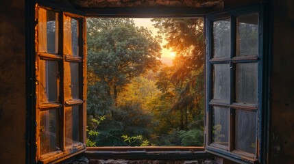 View through an open window at sunlit forest at dawn