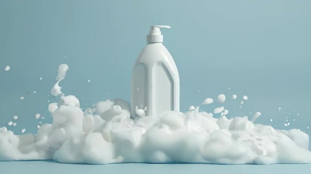 a white bottle with a pump surrounded by a large amount of foamy soap bubbles, set against a light blue background