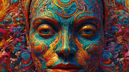 Surreal Abstract and Otherworldly Imagery, Psychedelic and Retro-futurism of a woman's face, Background, AI generative.	