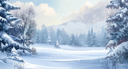 Fototapeta premium Winter Wonderland Illustration: Snow-Covered Landscape with Falling Snow in a Cloudy Sky