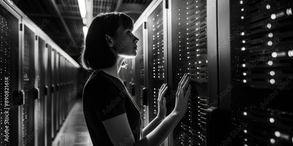 Poster a person standing near computer servers