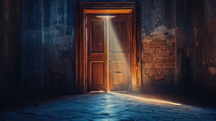 Mysterious Open Door with Sunlight Rays