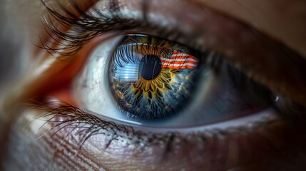 Patriotic Eye Close-Up Shot with American Flag Reflection