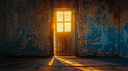 Obraz premium Sunlit Abandoned Room with Peeling Paint and Open Door