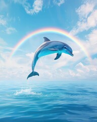 Playful Dolphin Jumping in Front of Vibrant Rainbow Over Ocean