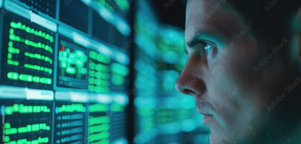 Poster a man is looking at a computer screen with a lot of green numbers and data