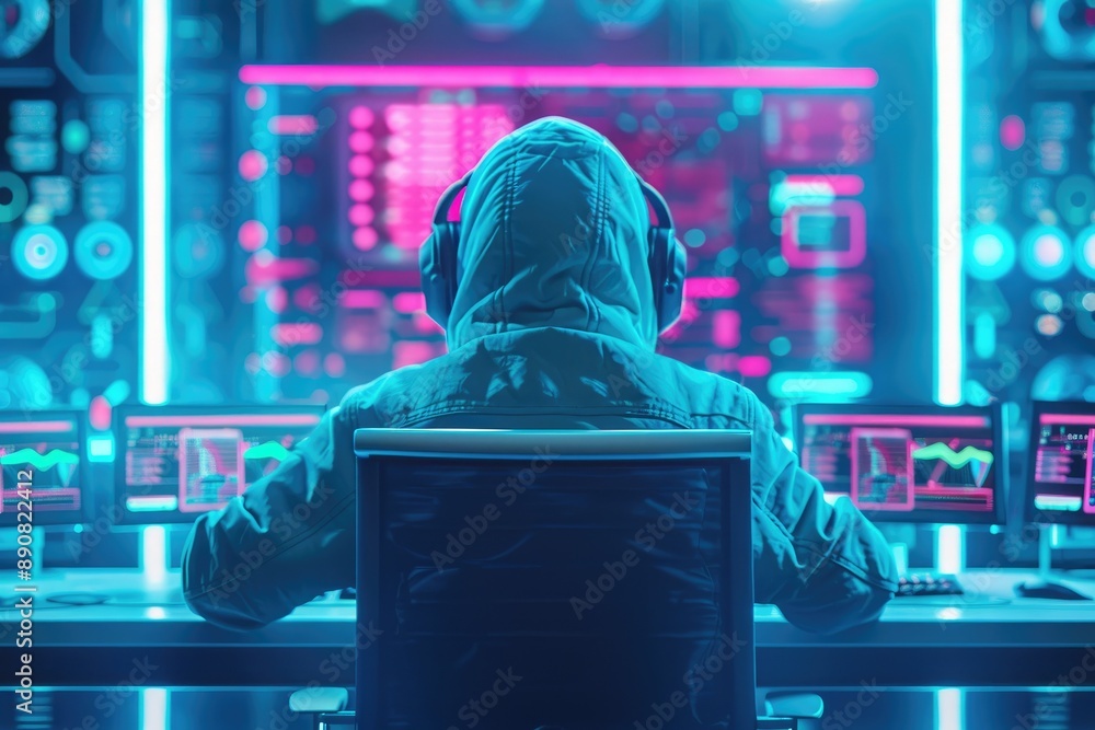 Poster a man in a hoodie sits in front of a computer monitor with a headset on